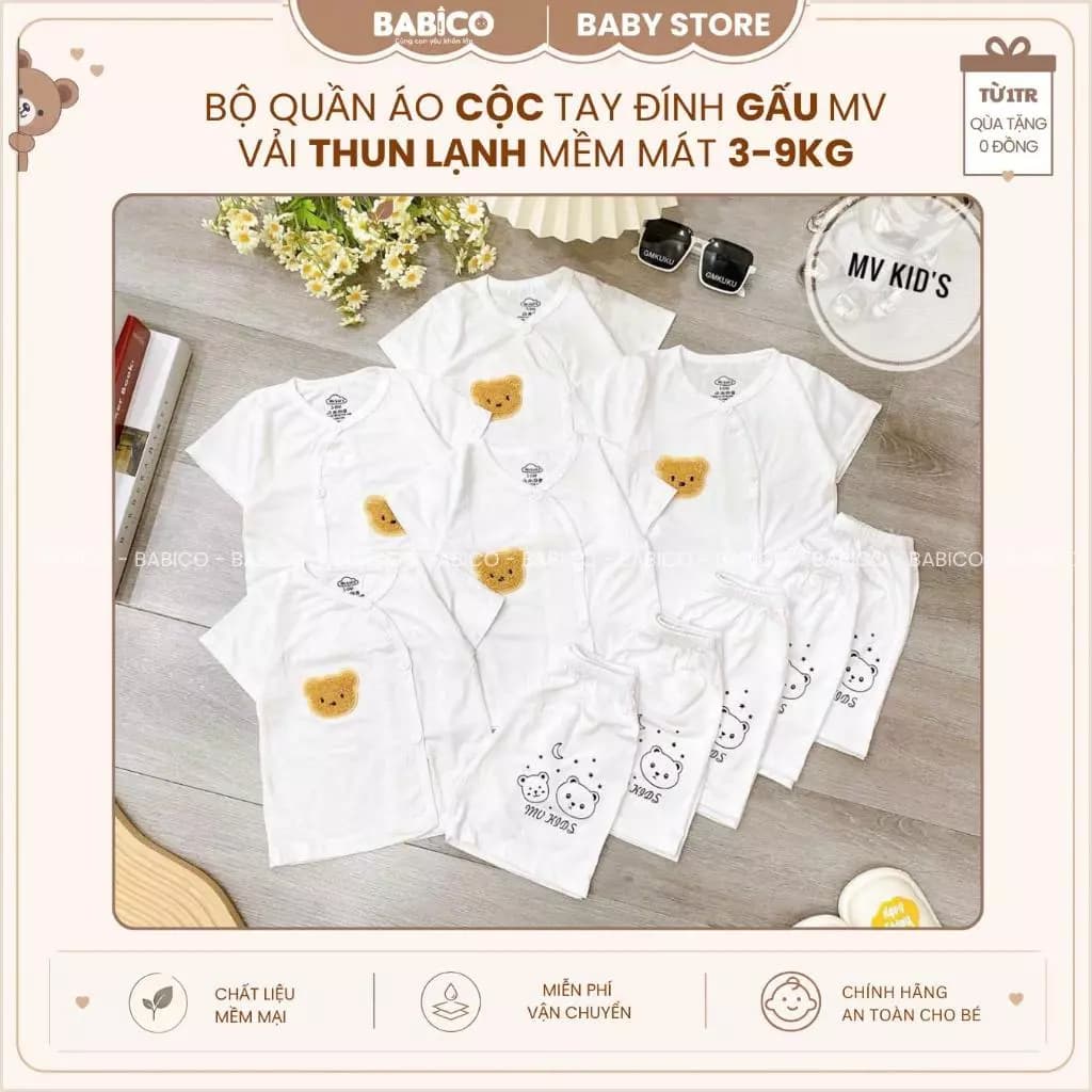 Bộ Quần Áo Cộc Tay Trắng Đính Gấu MV Vải Thun Lạnh Mềm Mát Cho Bé 3-9kg