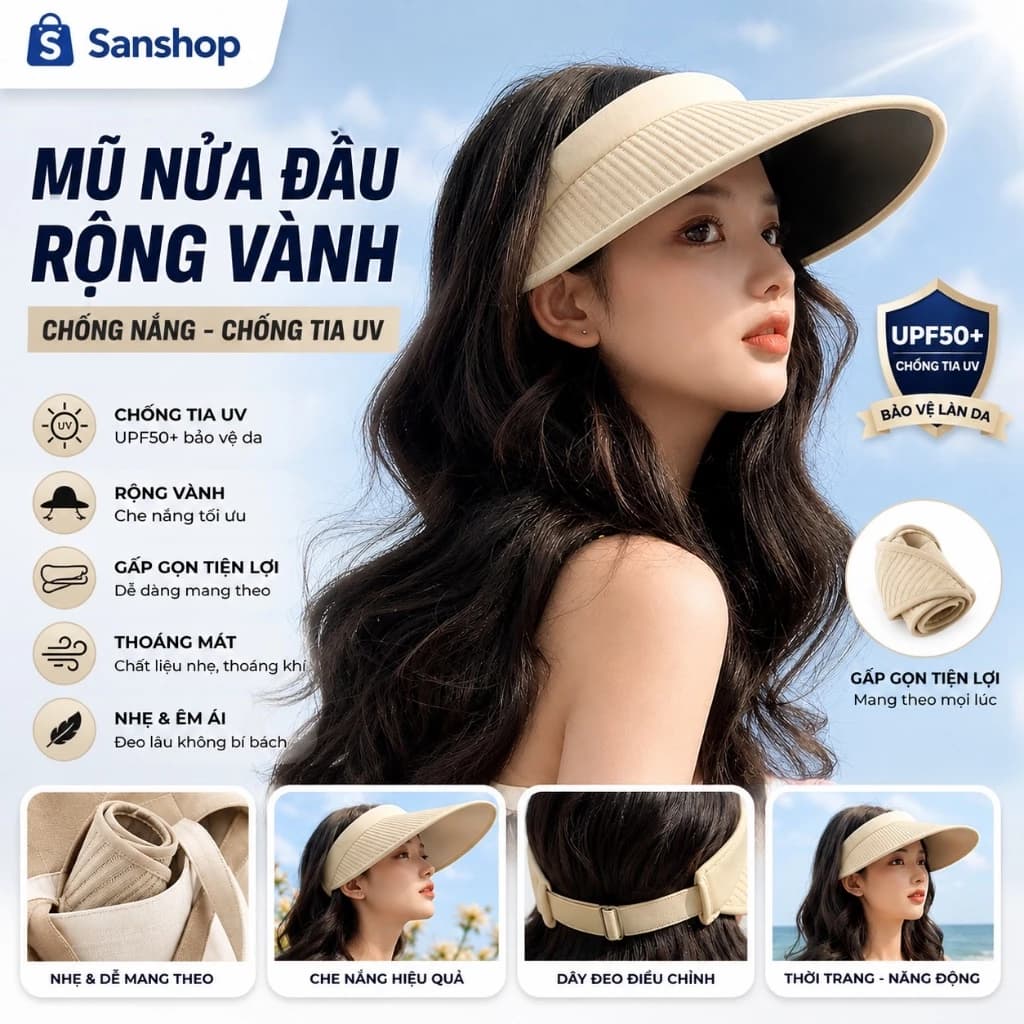 Mũ Nửa Đầu Rộng Vành Chống Tia Uv 9 Màu Sắc Nón Nữ Nắng Có Thể Gấp Gọn Năng Động Trẻ Sanshop