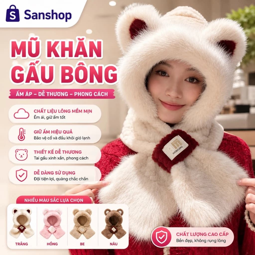 Mũ Lông Trùm Đầu Tai Cáo Phối Nhung Kèm Khăn Giữ Ấm Mùa Đông Siêu Đáng Yêu Sanshop