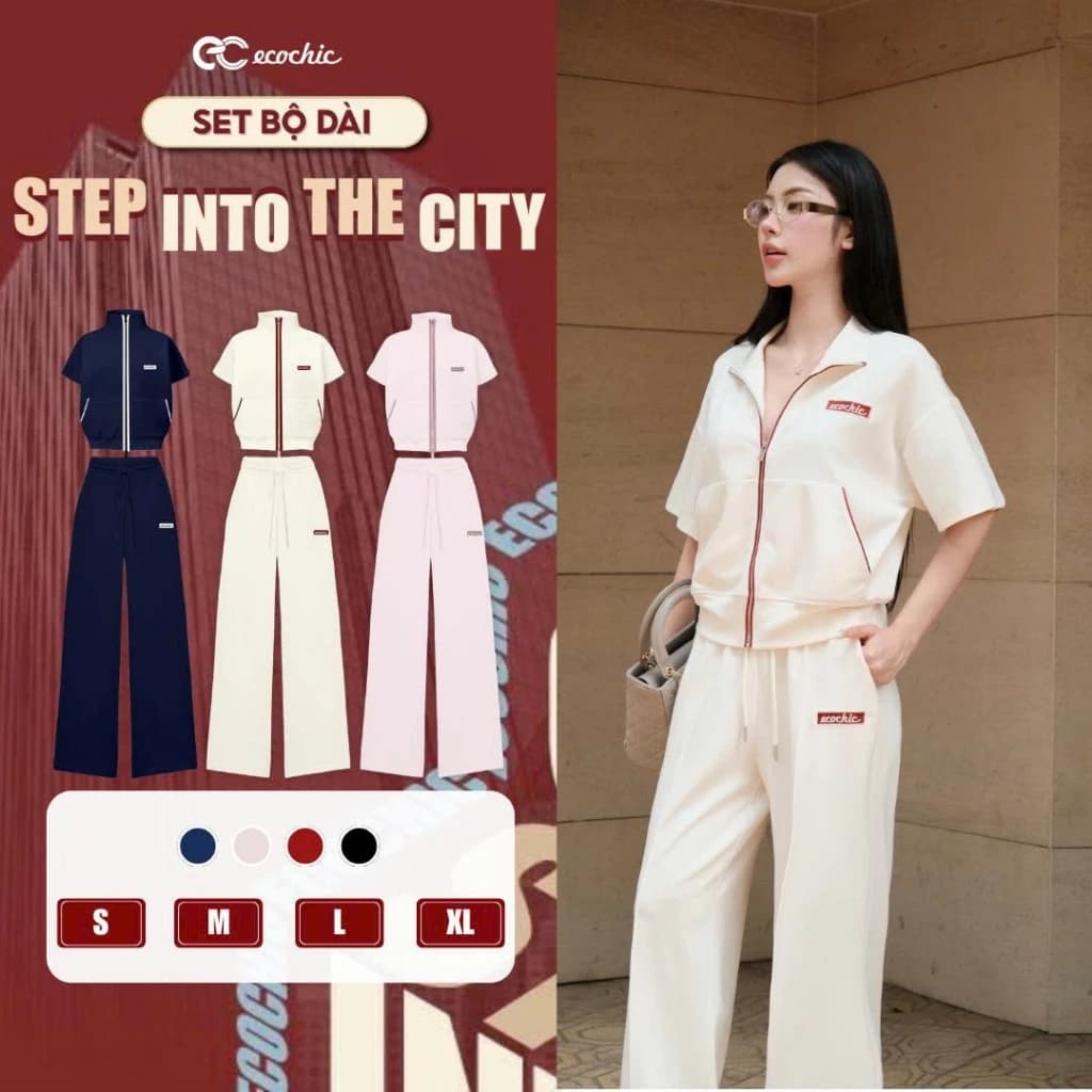 Set Bộ Ngắn Tay ECOCHIC Áo Crop Khoá Kéo Phối Line Quần Ống Suông Cao Cấp Mềm Mịn B230