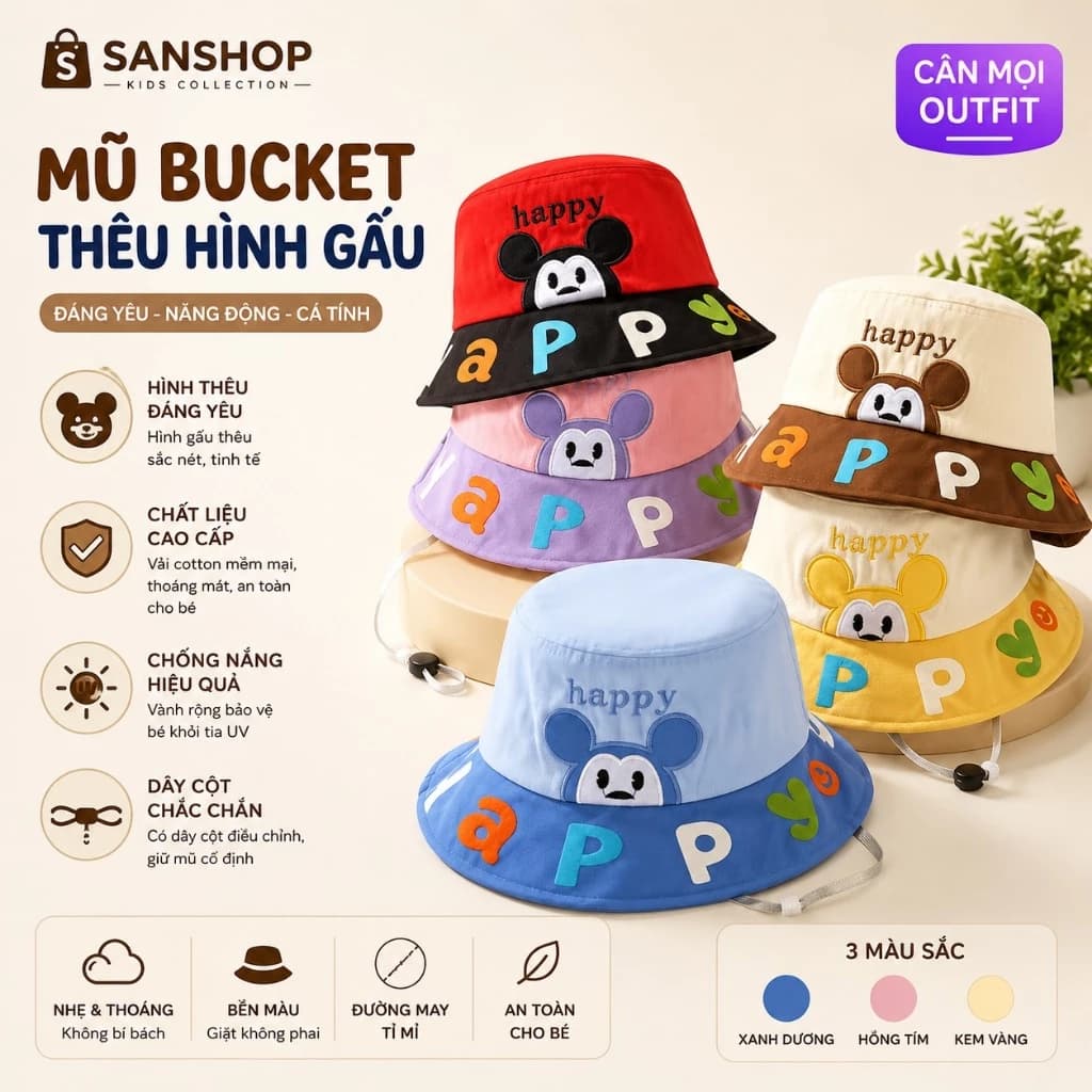 Mũ Bucket "Happy" Hình Gấu Cho Bé Nón Tai Bèo Trẻ Em Vành In Chữ Nhiều Màu Siêu Dễ Thương Sanshop