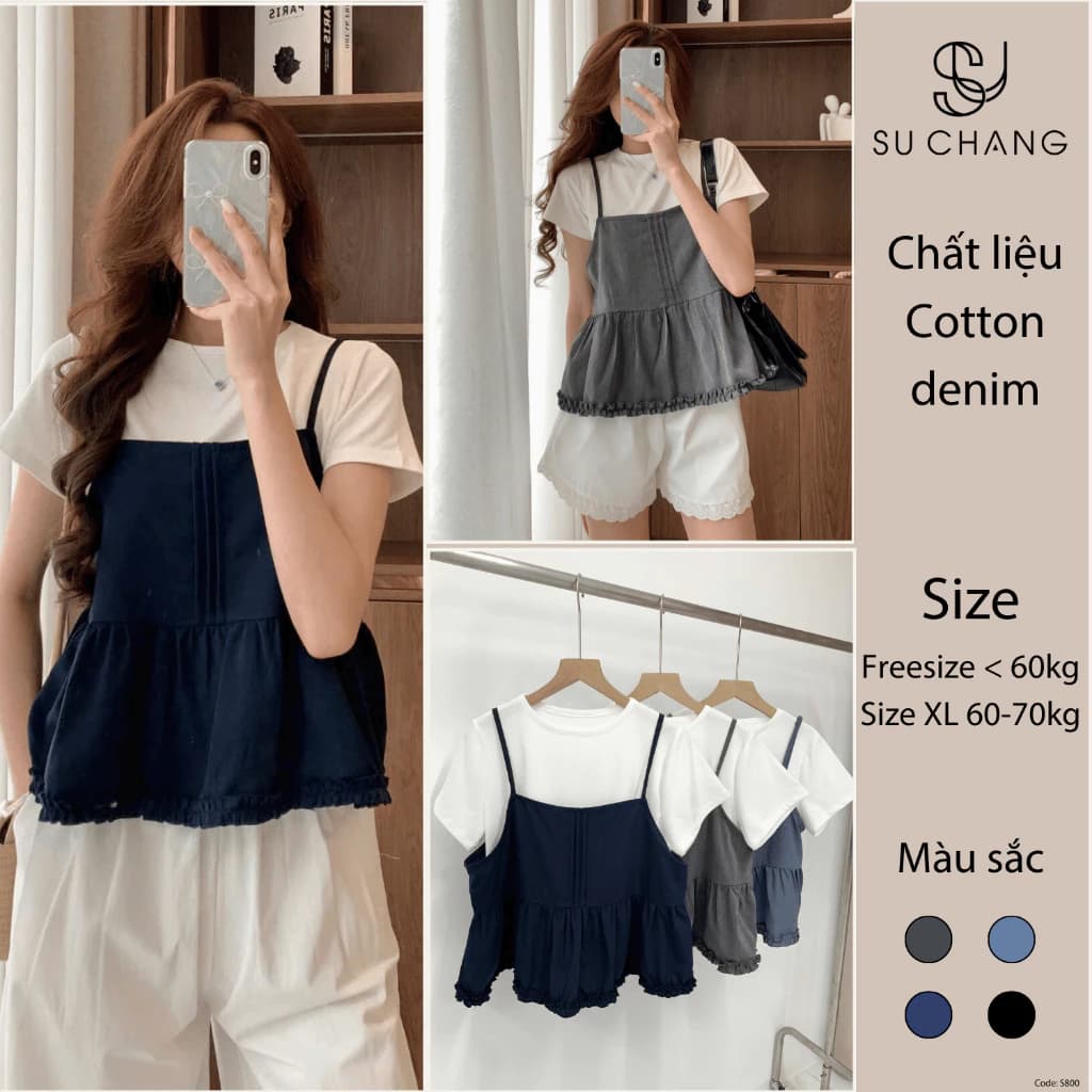 Set Đồ Nữ Áo Thun Trơn Cộc Tay Kèm Áo 2 Dây Xếp Ly Viền Bèo S800 Su Chang Bigsize
