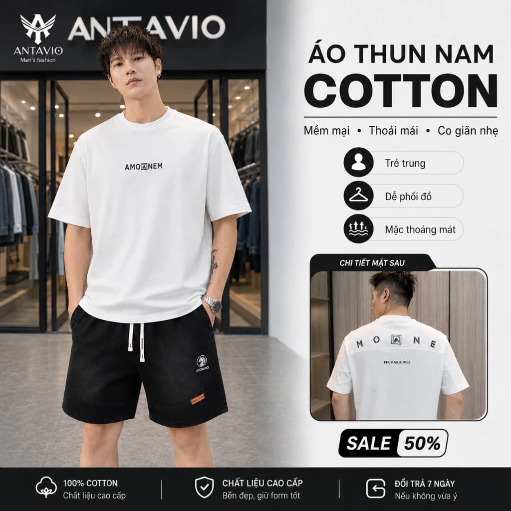Áo Phông Nam , Áo Thun Nam  ANTAVIO Chất Liệu Vải Cotton Mềm Mại Thiết  Hàn Quốc M-3XL 40-90KG 3797