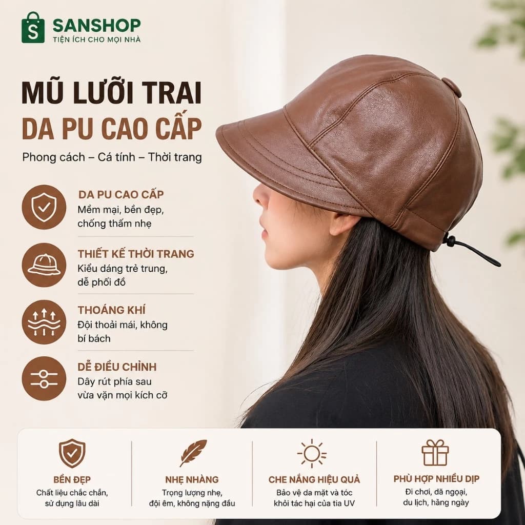 Mũ Chống Nắng Hàn Quốc Da Pu Mềm Có Dây Rút Điều Chỉnh Form Thoáng Khí Sanshop