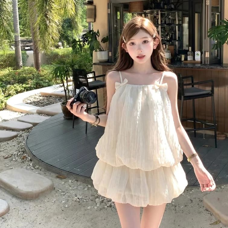 Set áo babydoll tơ nhăn hai dây nơ ngực kèm chân váy bí phong cách tiểu thư Hàn Quốc 24FebStudio SET99