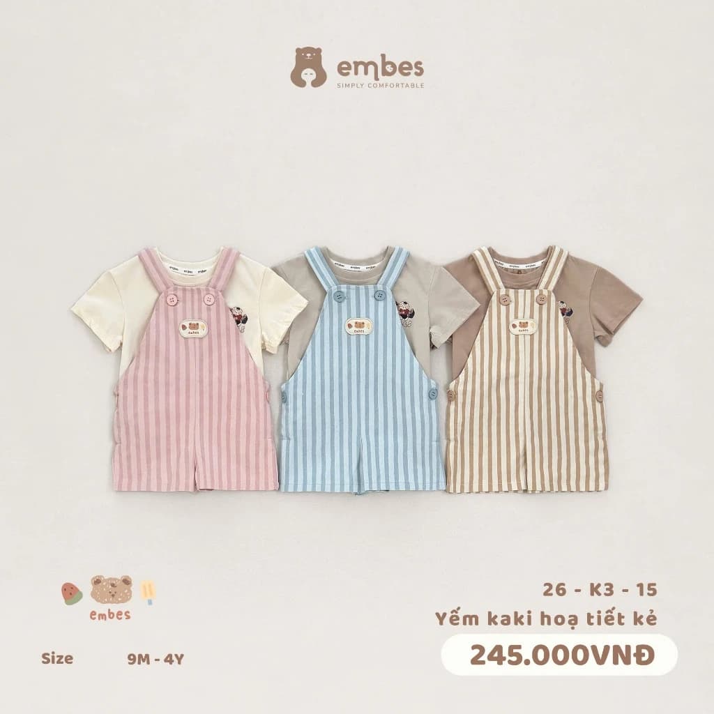Yếm Cộc Cho Bé Embes, Yếm Kaki Họa Tiết Kẻ Sọc Chất Kaki Đứng Form Cho Bé Trai Bé Gái Size Từ 8-18kg