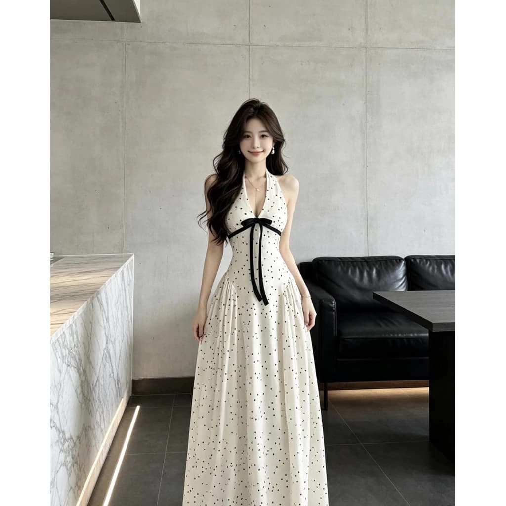 Đầm tiểu thư dáng dài mùa hè thiết kế cổ yếm đính nơ eo thời trang pháp