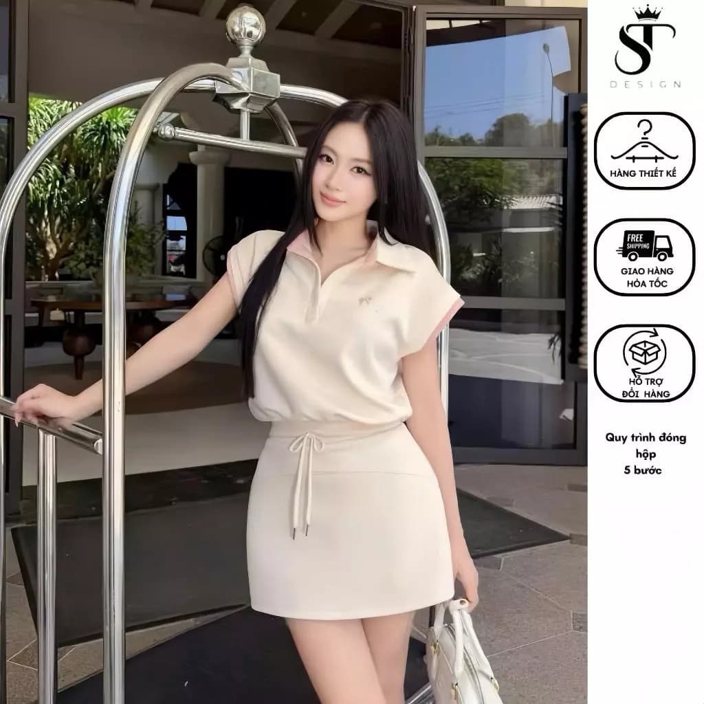 Set bộ cotton hai da áo polo tay hến + chân váy năng động thể thao - ST Design _ k84
