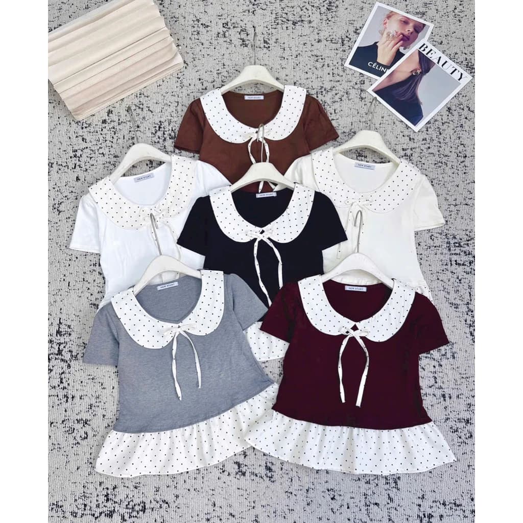 🍒 ÁO THUN CỔ BÈO CHẤM BI PEPLUM – ĐẸP LÀO LÒNG KHÁCH YÊU 🍒