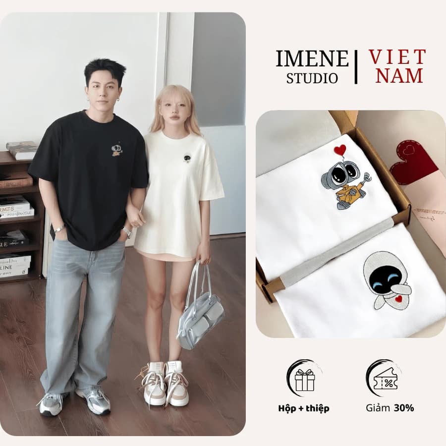 Áo thun THÊU cặp đôi nam nữ, áo phông couple, áo phông nữ chất cotton thêu ROBOOT TÌNH YÊU  form rộng tay lỡ unisex (IM0