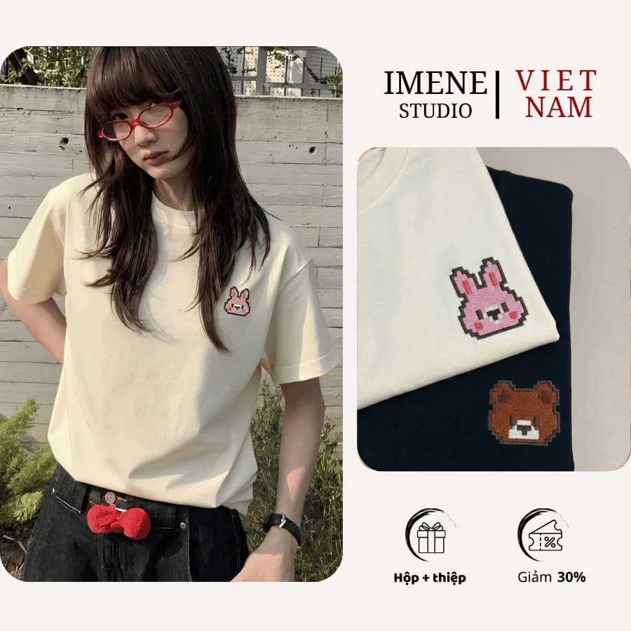 Áo thun cặp đôi THÊU thỏ mini, áo phông couple cotton form rộng tặng người yêu bạn thân (IM01)