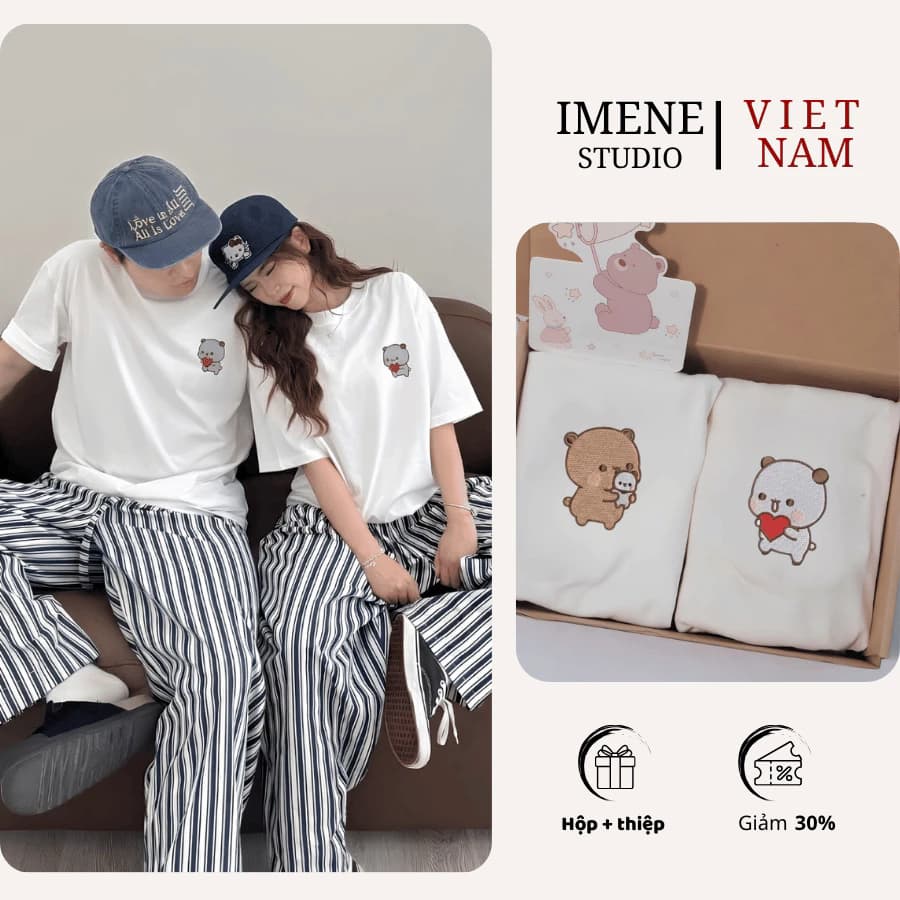 Áo phông THÊU cặp đôi thêu, áo thun couple thêu hình dễ thương, áo tay lỡ chất vải dày dặn cotton ( IM02)