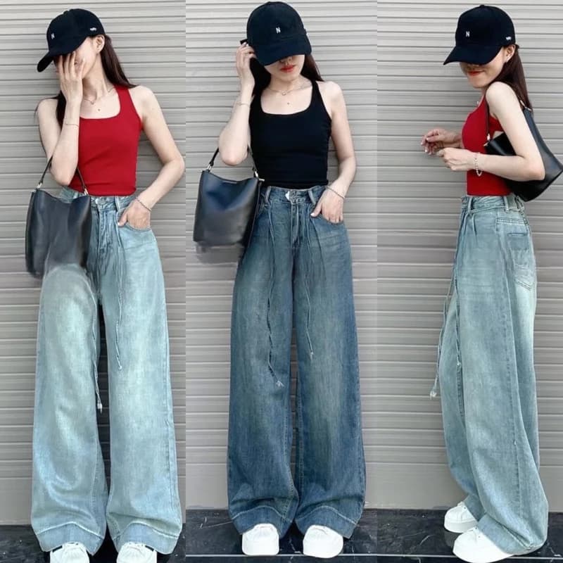 Quần jeans suông trơn kèm dây bản lai to chất jeans mềm WJeans036
