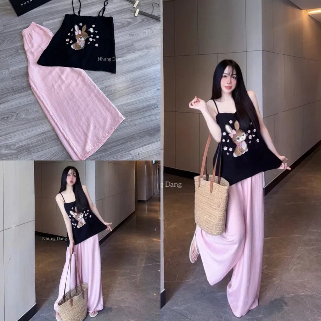 Set Bộ Đồ Nữ Áo 2 Dây Linion Xước Màu Đen Thêu Thỏ Nổi Mix Quần Màu Hồng Suông Dài Ống Rộng