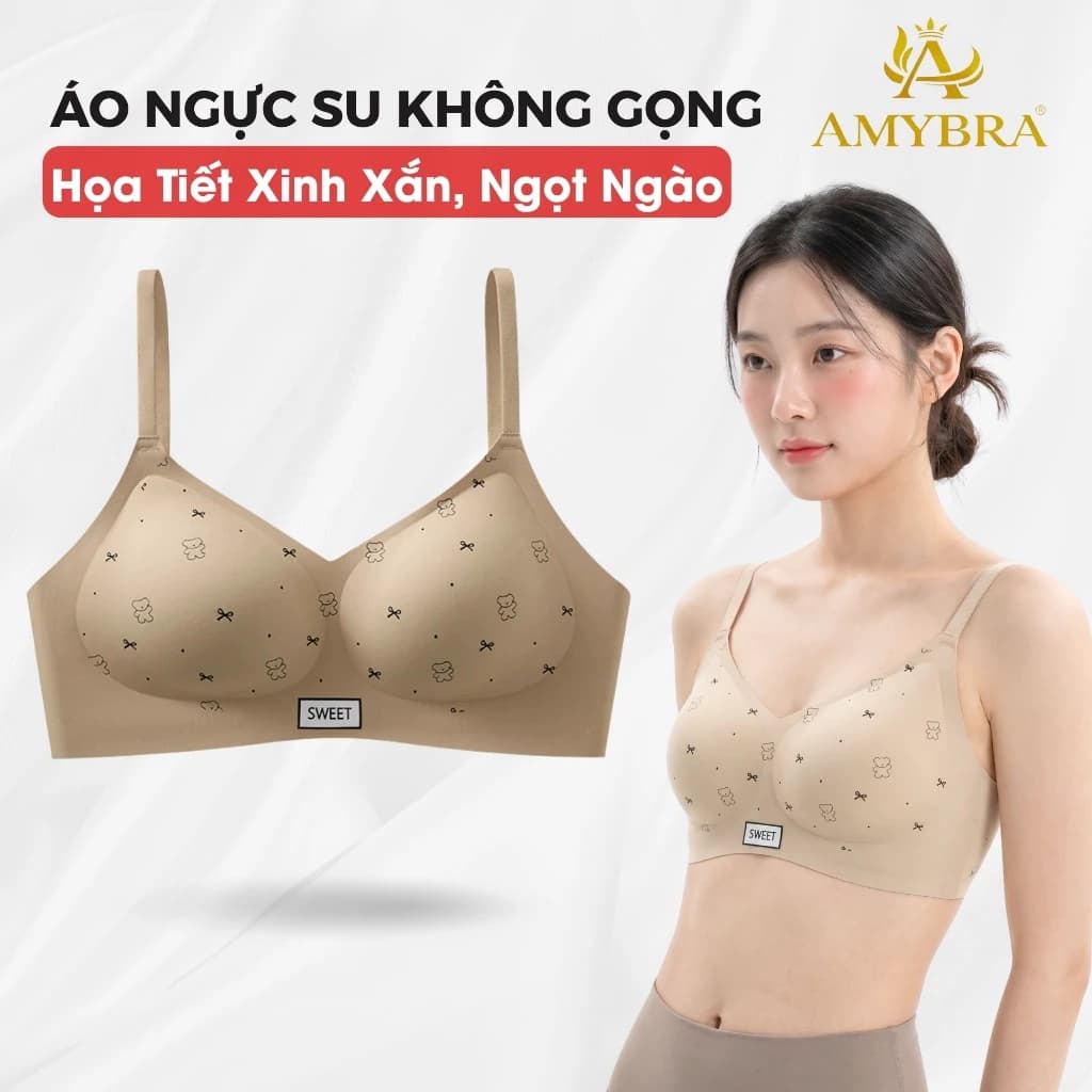 Áo Ngực Không Gọng Đúc Su Mịn Mút Mỏng, Áo Lót Nữ Họa Tiết Xinh Xắn Ngọt Ngào AMYBRA A975