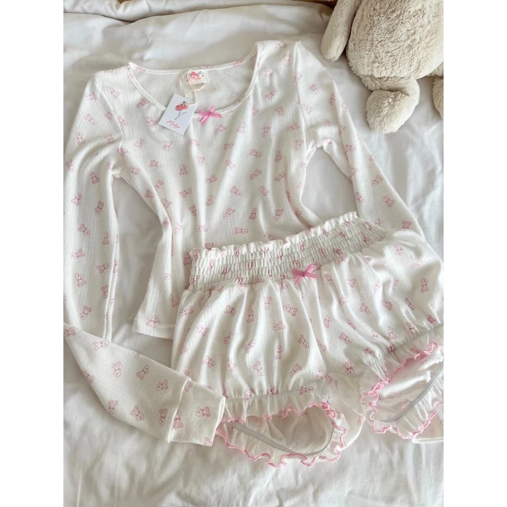 MOLLYE - IRIS SET| Set đồ ngủ nữ tay dài form quần bí vải Cotton thông hơi mềm mịn, hoạ tiết gấu mặc ở nhà dễ thương
