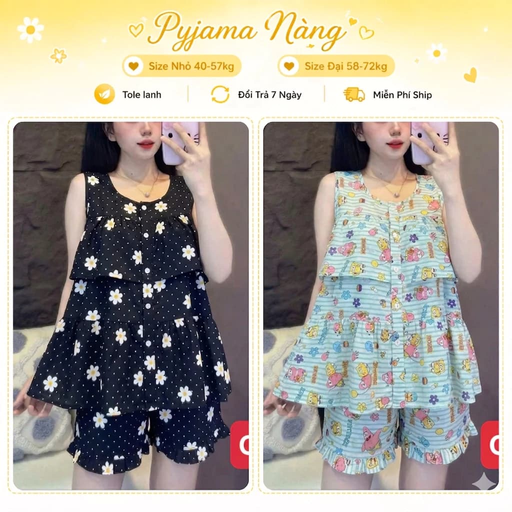 Set Bộ Tole Lanh 2 Da G3 Nữ Mặc Nhà Quần Đùi Áo Ba Lỗ Tầng Họa Tiết Siêu Xinh - Đồ Bộ Cộc Tay Thoáng Mát