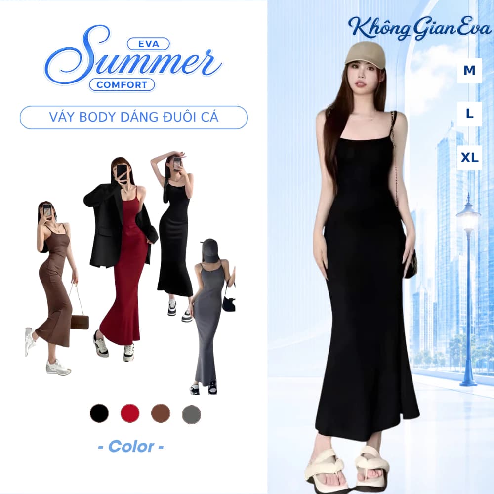 Đầm Body 2 Dây Dáng Dài Đuôi Cá Váy Body Hai Dây Dáng Dài Chất Thun Co Giãn Ôm Sát Body 1303