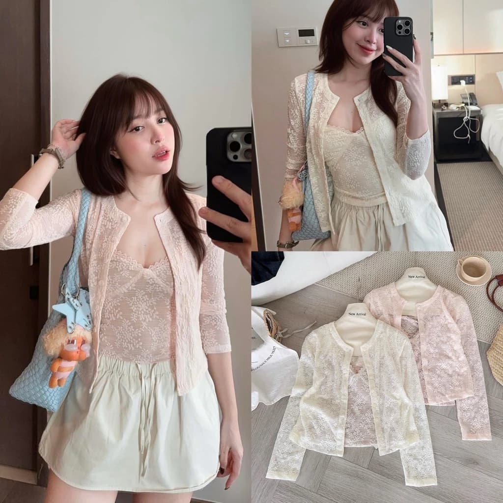 (Hàng Loại 1) Set áo 2 dây cổ V ren hoa kèm áo khoác cardigan hot trend phong cách Hàn Quốc - A6472