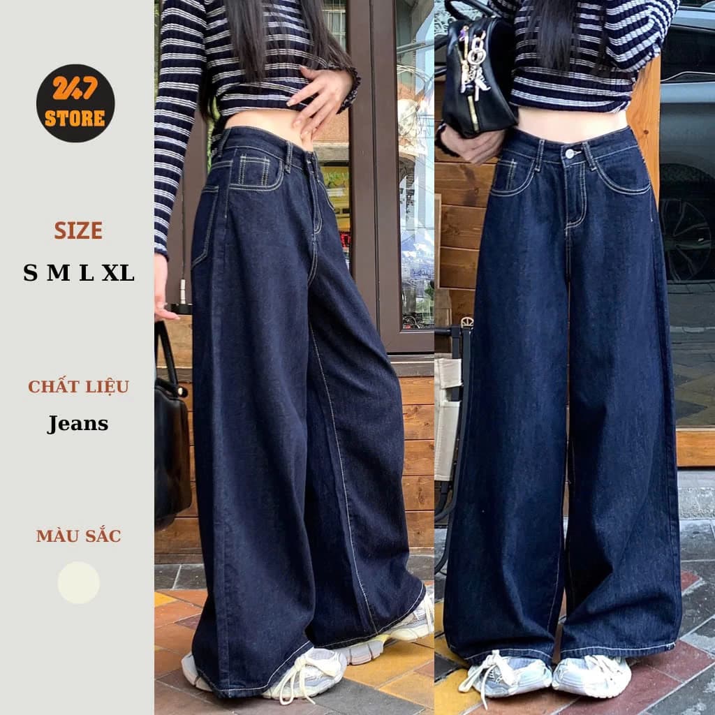 Quần Jeans Nữ Ống Rộng Xanh Đậm Cạp Cao Tôn Dáng, Viền Chỉ Nổi Cá Tính Mặc Đi Học Đi Làm Đi Chơi WJeans048