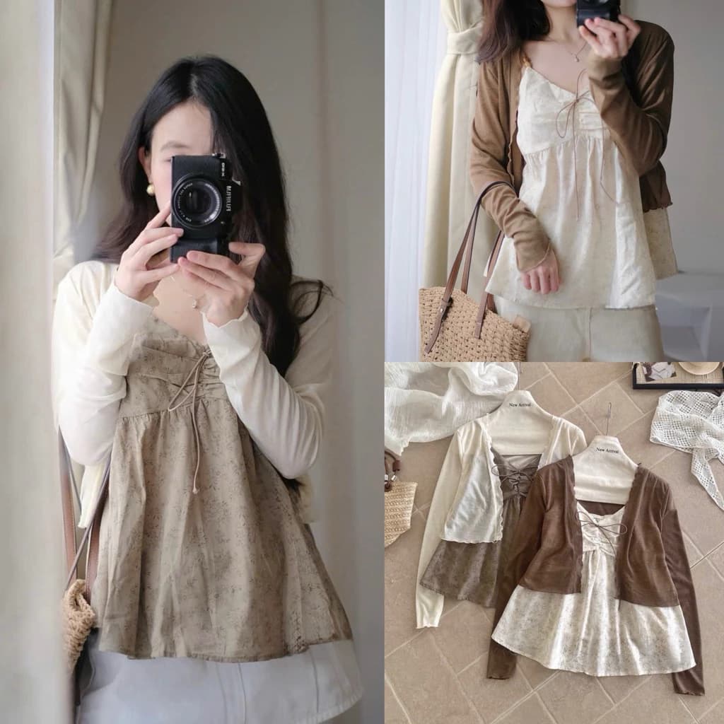 [Hàng Loại1] Set áo 2 dây hoa nhí cổ V nhún ngực thắt nơ kèm áo cardigan mỏng vintage - A5696