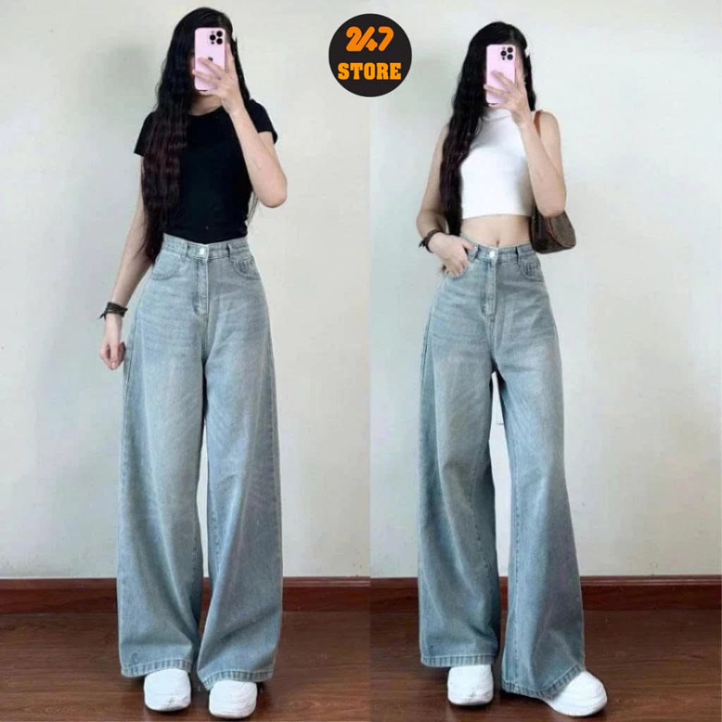 Quần Jeans Nữ Ống Rộng Cạp Cao  Màu Wash Thời Trang Dễ Phối Đồ Đi Học Đi Làm Đi Chơi WJeans052