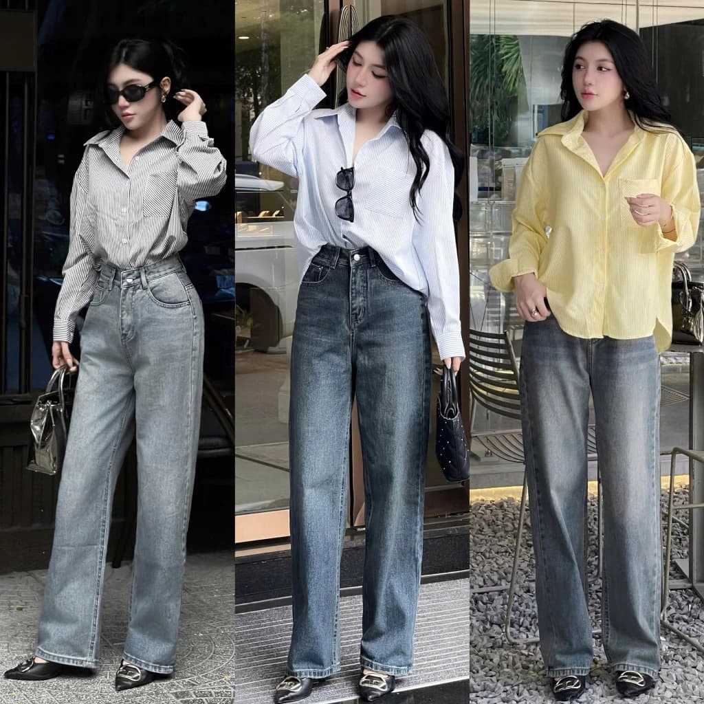 Quần Jean Nữ Lưng Cao Ống Suông Rộng Basic chất jean cotton WJeans072