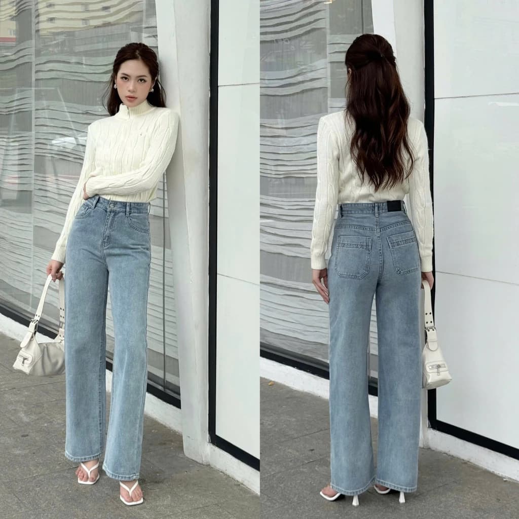 Quần Jeans Nữ Lưng Cao Ống Rộng Dáng Suông Túi Kiểu Màu Xanh Nhạt Bụi WJeans073