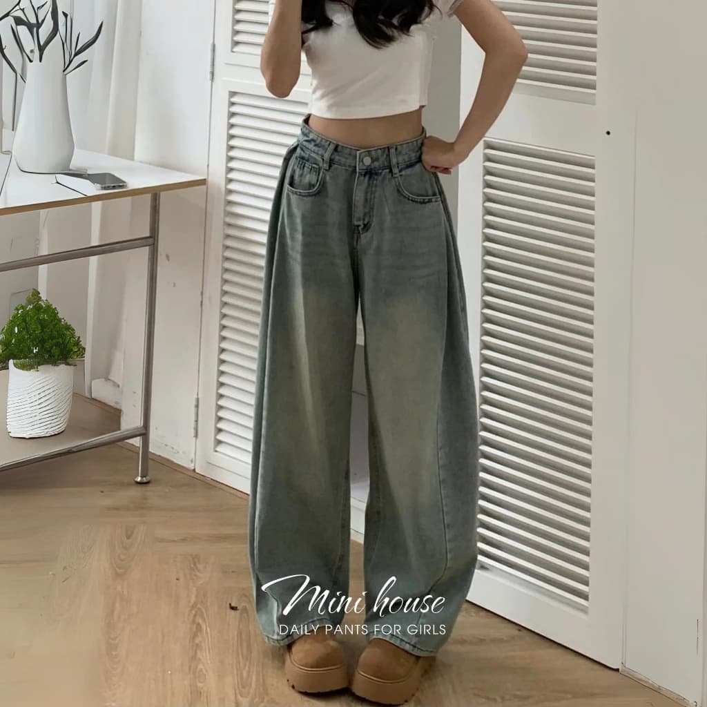Quần jeans nữ ống rộng phối line nhúm phần hông tôn dáng che khuyết điểm WJeans079