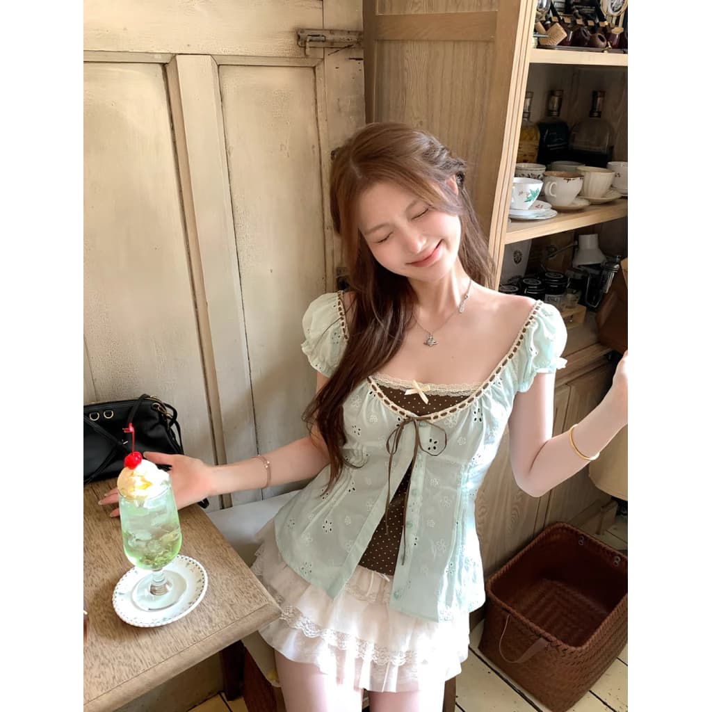Set Áo Hoa Thêu Phối Nơ Vintage Kèm Chân Váy Ren Tầng Tiểu Thư Hàn Quốc Ngọt Ngào Hot Trend