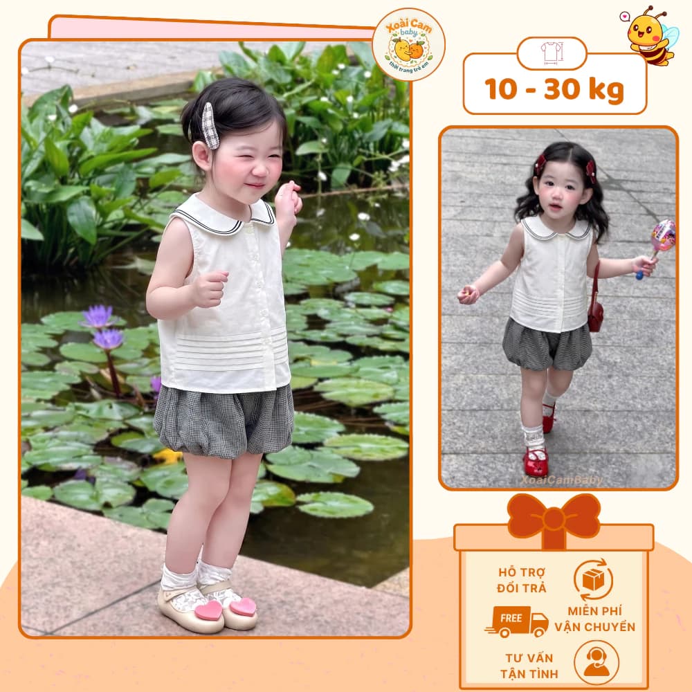 Set Đồ Đi Học Cho Bé Gái Áo Cổ Sen Phối Quần Bí, Quần Áo Đi Học Bé Gái Thoáng Mát Dễ Thương - M52