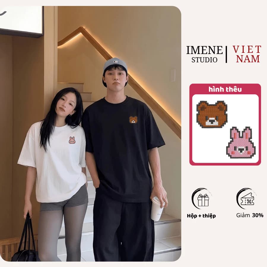 Áo thun THÊU cặp đôi nam nữ, áo phông couple, áo phông nữ chất cotton thêu gấu và thỏ form rộng tay lỡ unisex (M01)