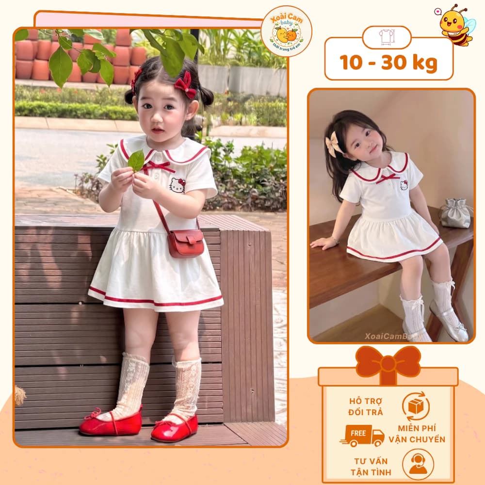 Váy Polo Bé Gái Cổ Sen Viền Đỏ Dễ Thương, Đầm Đi Học Bé Gái, Đồng Phục Phong Cách Hàn Quốc 1-5 Tuổi - M50