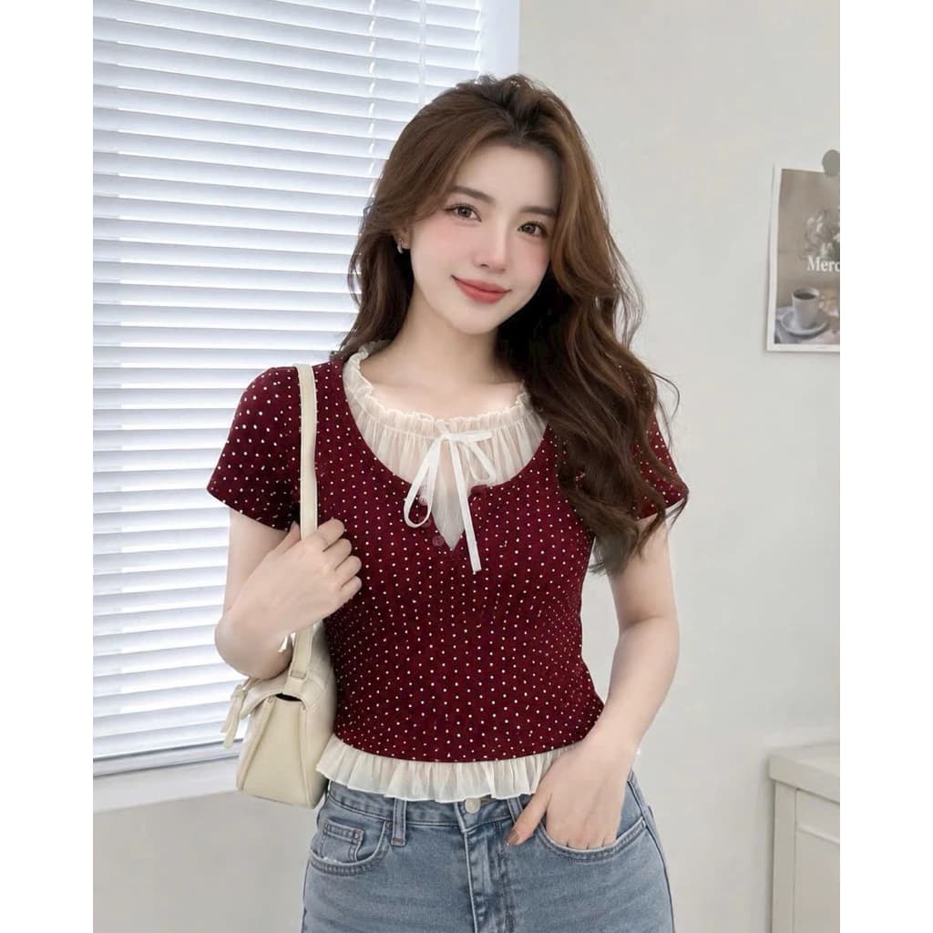 🎀 ÁO THUN CHẤM BI GIẢ HAI LỚP PHỐI VOAN – NGỌT NGÀO, ĐIỆU ĐÀ CHUẨN KOREAN STYLE 🎀