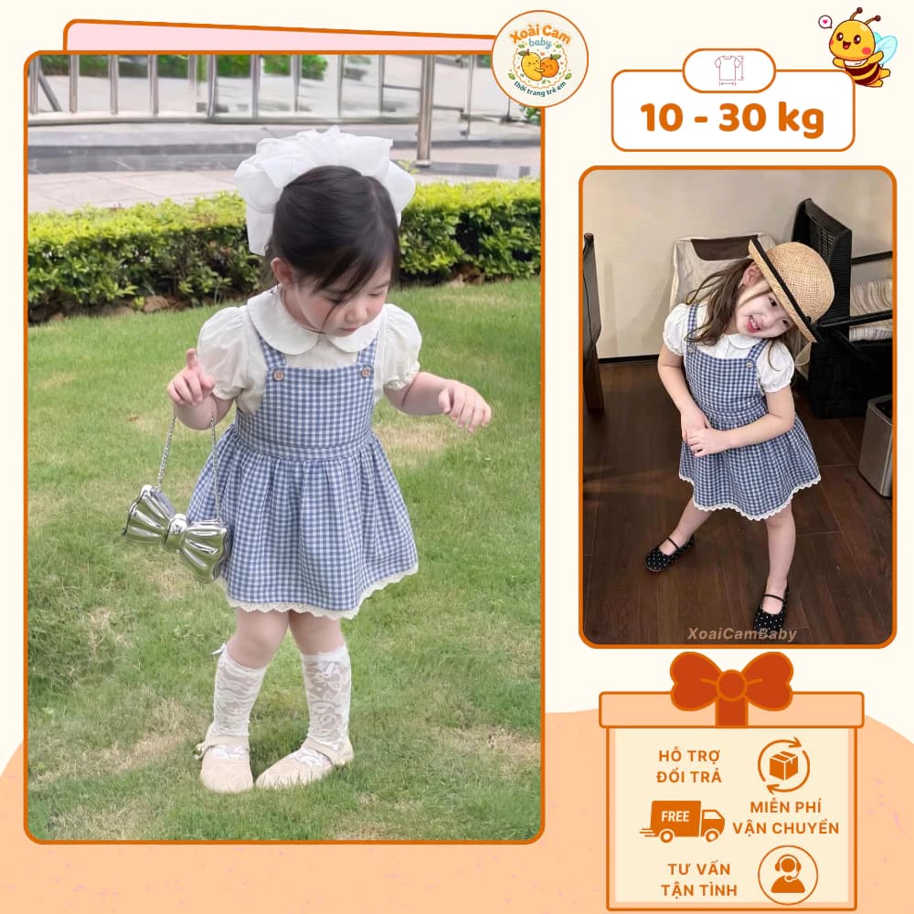 Set Váy Yếm Caro Bé Gái Áo Cổ Sen Tay Bồng, Đầm Bé Gái Đi Học, Đi Chơi Dễ Thương Phong Cách Hàn Quốc - M51