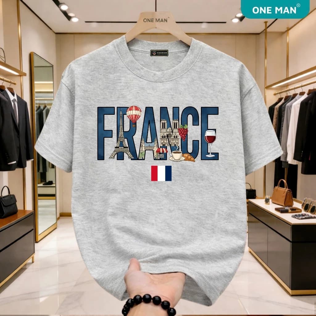 Áo thun cổ bo tròn ONE MAN Cao Cấp cotton 100% mềm mại in chữ France hiện đại form rộng thoải mái nam nữ AP470