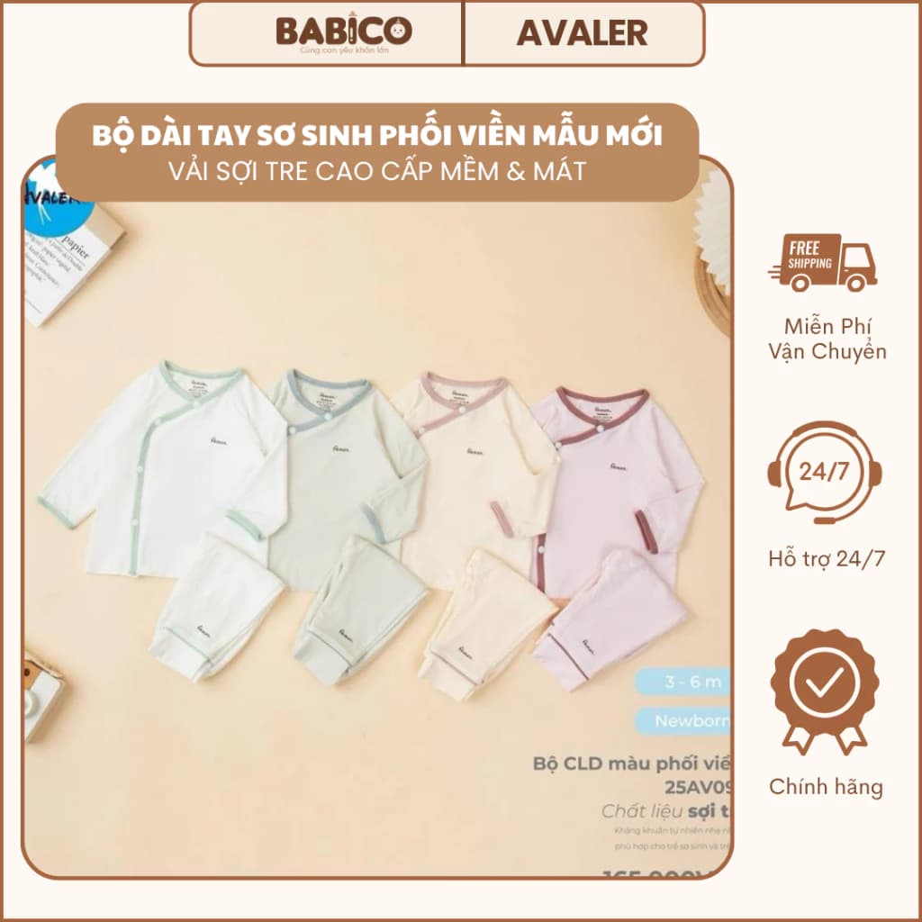 [Avaler Chính Hãng] Bộ Quần Áo Sơ Sinh Dài Tay Avaler Nền Màu Phối Viền Vải Sợi Tre  Mẫu Mới