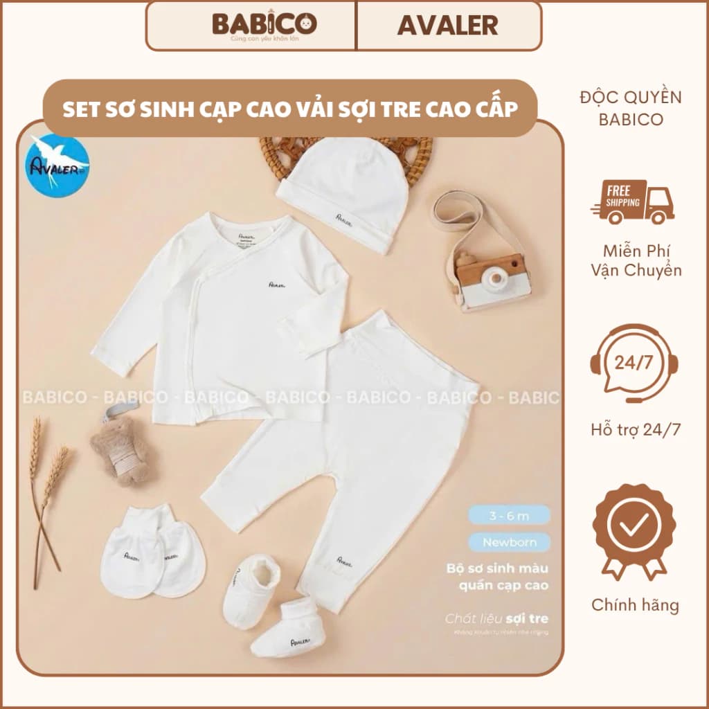 Set Sơ Sinh Vải Sợi Tre Cao Cấp Avaler Cài Lệch Màu Trắng Và Các Màu Đáng Yêu Cho Bé