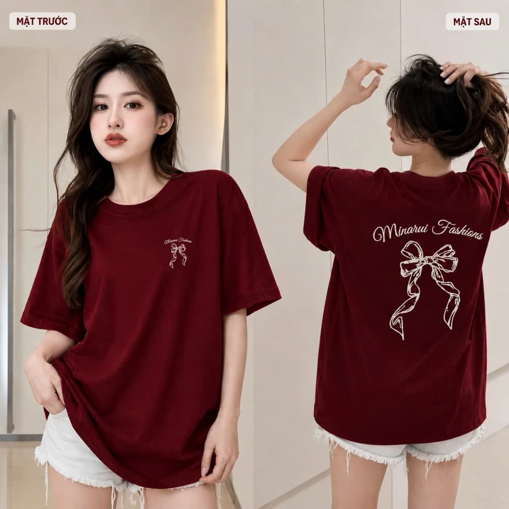 Áo thun phông nam nữ chất liệu cotton khô form rộng dấu quần in hình nơ MINA