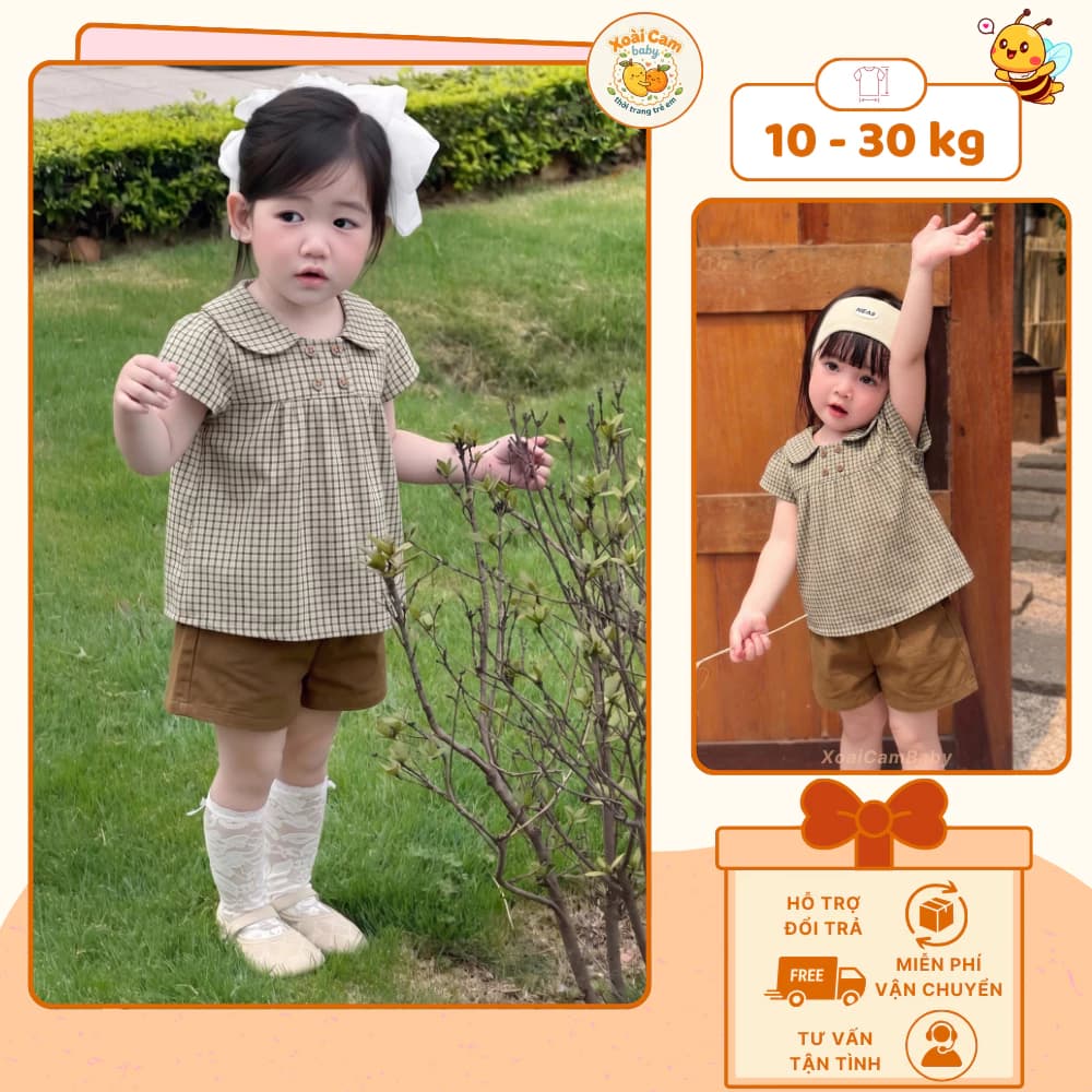 Set Đồ Bé Gái Áo Caro Cổ Sen Tay Cánh Tiên Kèm Quần Short Nâu Cho Bé Đi Học, Đi Chơi Phong Cách Hàn Quốc - M53