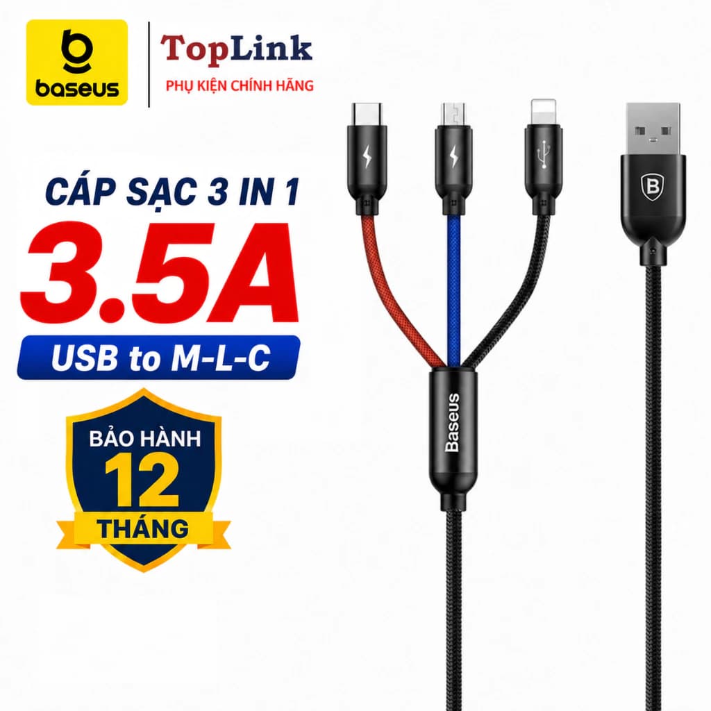 Cáp Sạc 3 Đầu Baseus Dài 30cm Hoặc 120cm Sạc 3 Thiết Bị Cùng Một Lúc Công Suất 3.5A