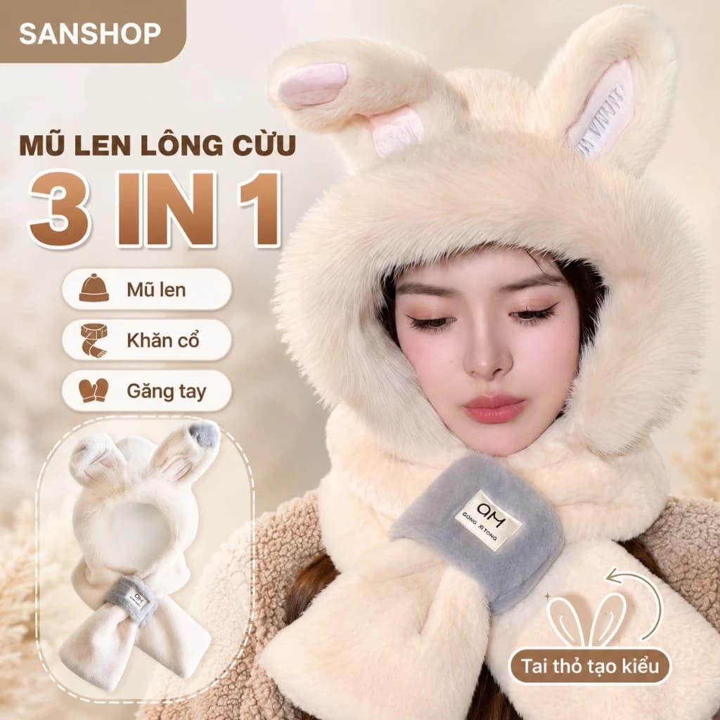 Mũ Lông Cừu Nữ Tai Thỏ Mùa Đông Kèm Khăn Quàng Cổ 2In1 Nón Len Trùm Đầu Giữ Ấm Thời Trang Sanshop