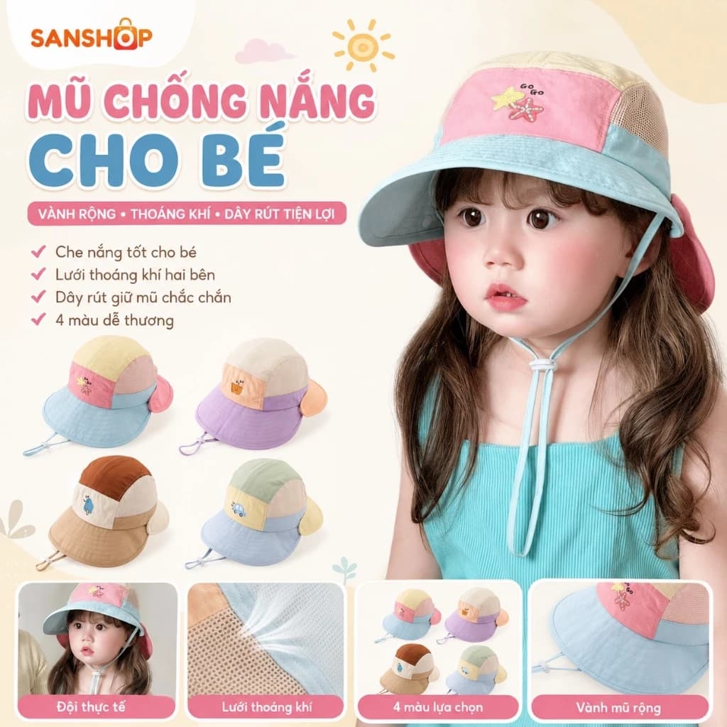 Mũ Chống Nắng Trẻ Em Baguo Hình Động Vật Khô Nhanh Thoáng Khí Cho Bé 8 Tháng 5 Tuổi Sanshop