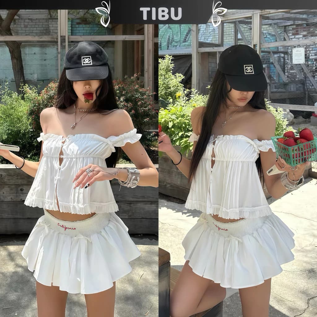 TIBU - Set Áo Hai Dây Cài Nút Phối Chân Váy Xoè Xinh Xắn Đi Chơi Dạo Phố Biển Mùa Hè B756