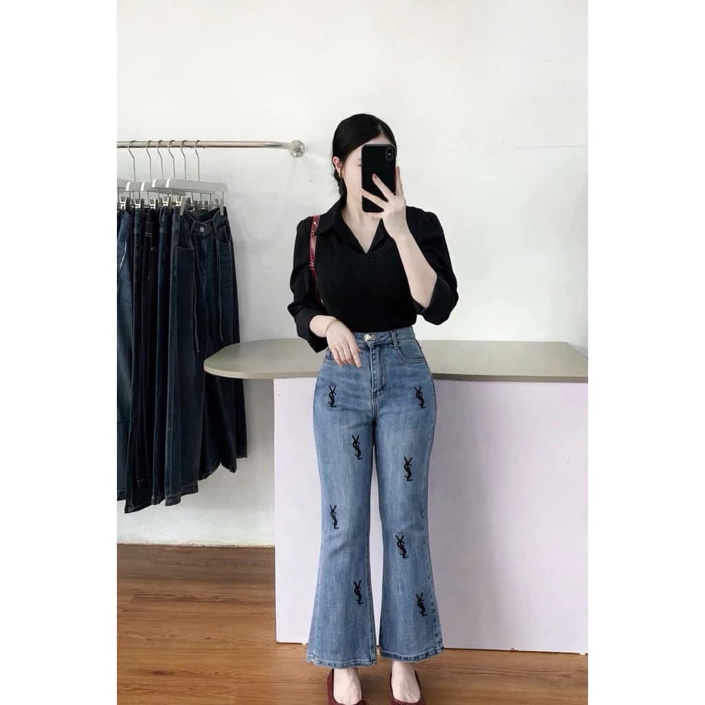 (88cm) Quần Jean Nữ Ống Loe thêu Lai ,  Đủ Size S/M/L (  L01 - quần loe lỡ 5936 )