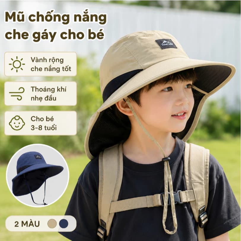 Mũ Chống Nắng Cho Bé 3-8T Che Phủ Toàn Diện Mặt Và Gáy Vành Siêu Rộng Chất Vải Mát Đi Học Đi Chơi Đều Hợp