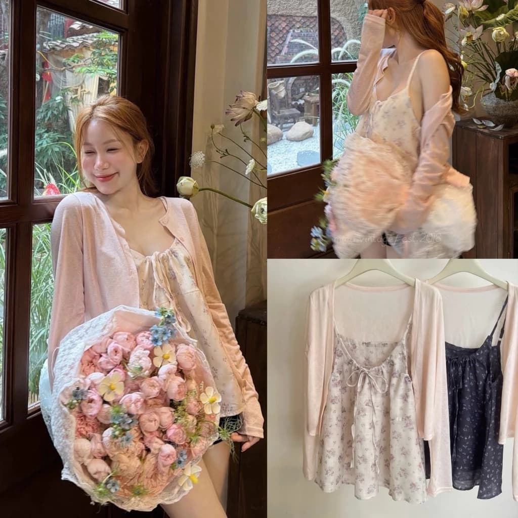 Set áo 2 dây hoa nhí vải voan lụa kèm áo cardigan hồng tông màu pastel siêu xinh FLORA SET