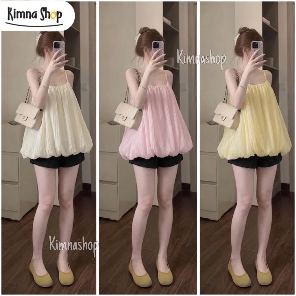 Set Áo Voan Tơ 2 Lớp Dáng Bí Phồng Mix Quần Short Ống Rộng Có Túi