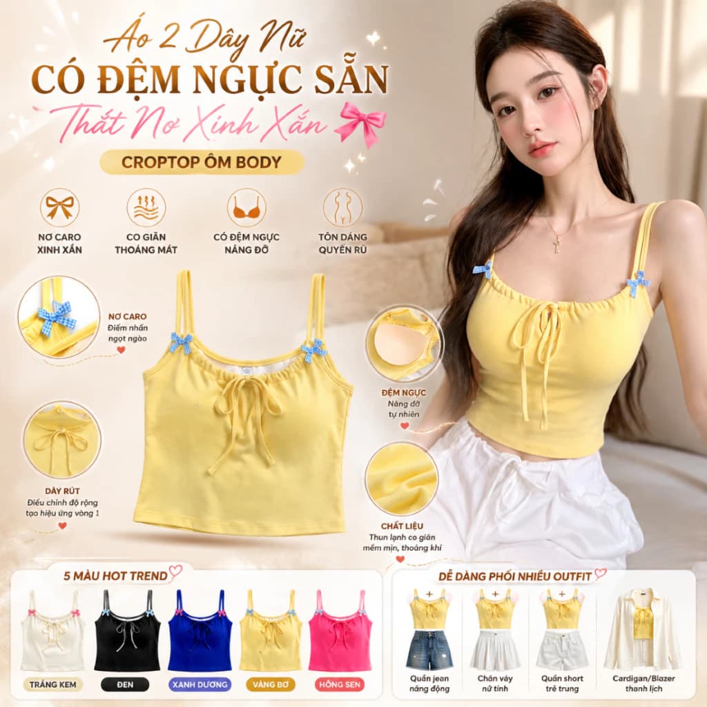 Áo Hai Dây Nơ Caro AB6 Hàn Quốc Có Đệm Ngực – Áo Bra Top Nữ Co Giãn Ôm Dáng, Croptop Dây Đôi Phối Nơ Dễ Thương