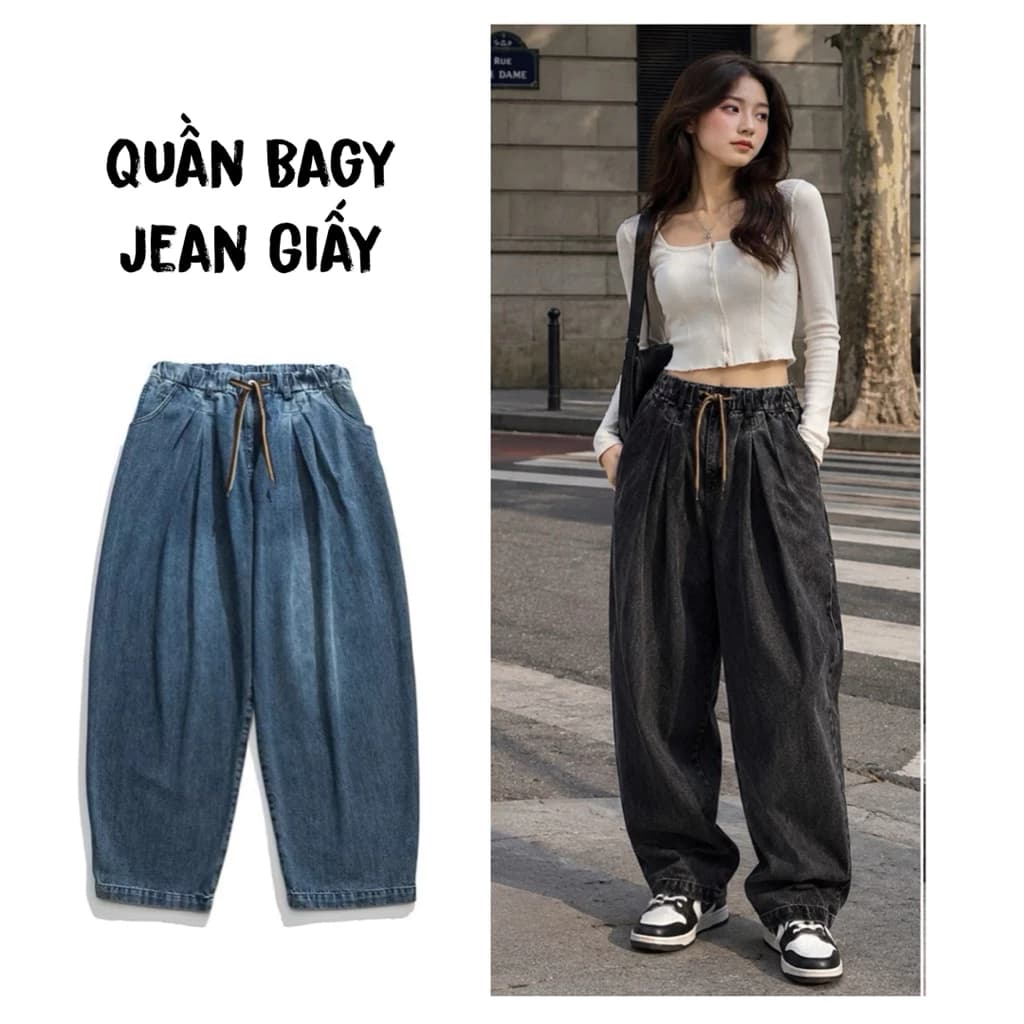 [Jean Giấy] Quần bò ống rộng fom begy thiết kế cạp chun phong cách Hàn Quốc Mã 28